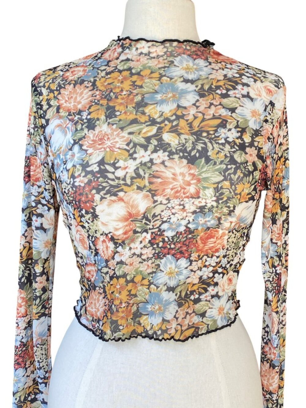 Y2K Sheer Long Sleeve Sheer Mesh Floral Crop Top Whimsigoth Fairy Indie Grunge-S